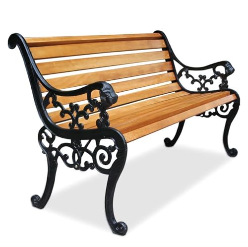 WAGEEOUR Garden Bench Outdoor Bar Hotel Patio Bench, Cast Iron Metal Frame Preservative Wood Patio Park Bench with Backrest and Armrests, for Porch, Lawn, Garden, Yard(Teak+Black Legs)
