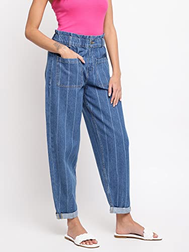 Image of Tales & Stories Women's Striped Blue Cotton Regular Fit Ankle Length Jeans-Y114411