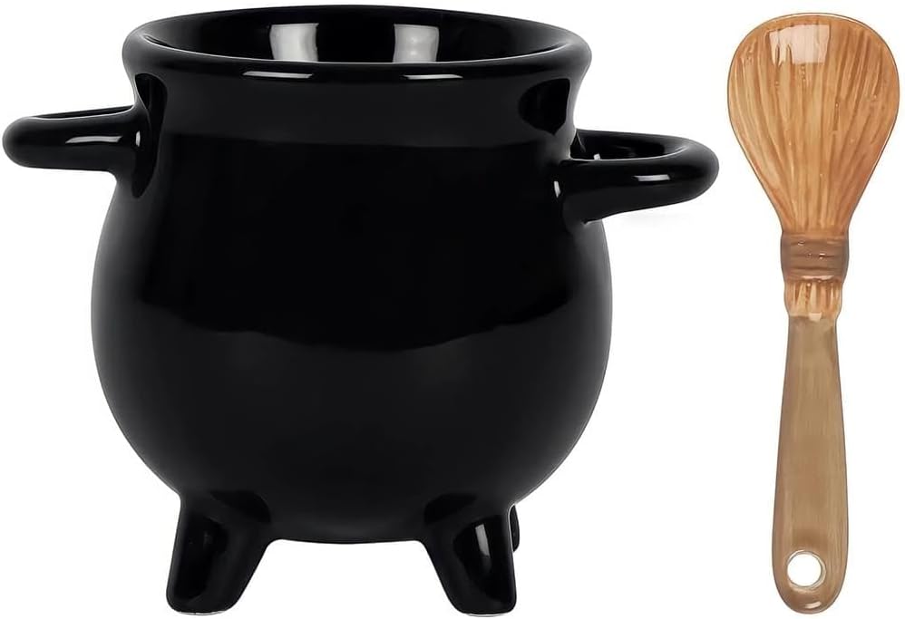 Something Different Adorable Black Cauldron Egg Cup with Broom Spoon - 6.5cm x 9cm x 6.5cm (1 Pc.) - Witchy, Fun & Unique Design - Perfect Novelty Kitchen Accessory Gift