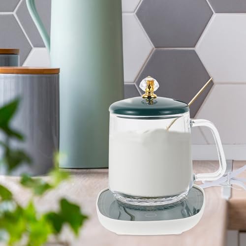 Creative Ceramic Mug and Heating Coaster Set with Cup Scoop, Glass Dark Green, US Plug Ac110v, Electric Beverage Warmer for Coffee, Tea, and Milk at Office Or Home Desk