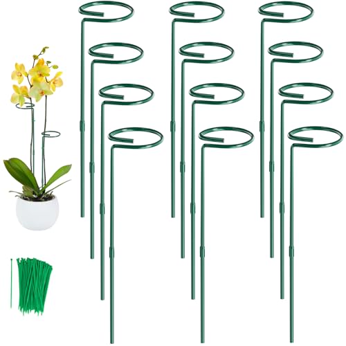 Unves 24 Inch Plant Stakes Tall 12 Pack Garden Plant Support Stakes Two Sizes(12 or 24) Single Stem Plant Cage for Outdoor Indoor Plants Orchid Tomatoes Peony Lily with 100 Pcs Twist Ties
