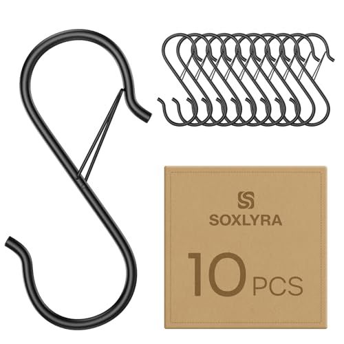 SOXLYRA 10 Pack Heavy Duty S Hooks with Safety Buckle, 3.66 Inch Anti-Drop Metal S Hooks for Closet, Kitchen Utensils, Pots, Pans, Plants and Bags