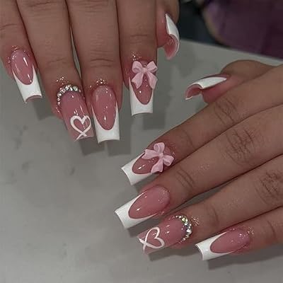 SEMATA Acrylic French Tip Press on Nails Medium Lo...