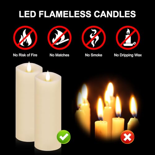 Image of 2PCS, 3 x 8 inches Flameless Candle with Remote Control, 3D Flickering Wick, Real Wax, Battery Candles,with Timer,Battery Powered Candles,for Holiday Home Decor,Ivory