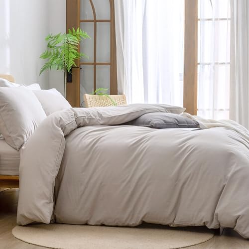 Image of BESTOUCH Cotton Solid Duvet Cover Set Linen Feel Linen Grey Oversized Full | 100% Washed Cotton, Soft Wrinkle Texture, Hidden Zipper, 8 Ties, Breathable Lightweight Durable Comfy, 3 Pcs No Insert