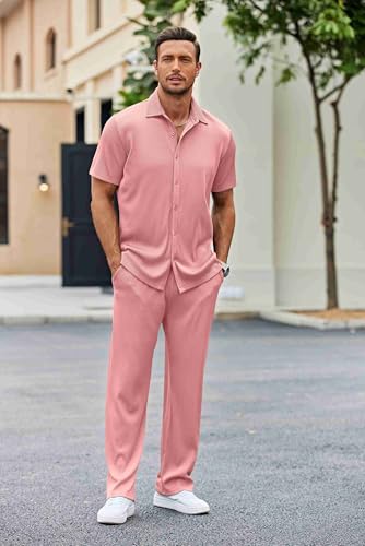 COOFANDY Men's 2 Piece Outfit Casual Short Sleeve Button Down Shirt Beach Summer Loose Pant Sets4