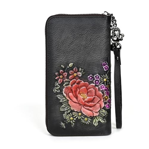 AEGGEAI Women Genuine Leather Long Wallet,Vintage Floral Emboss Zipper Clutch,Large‑Capacity Purse