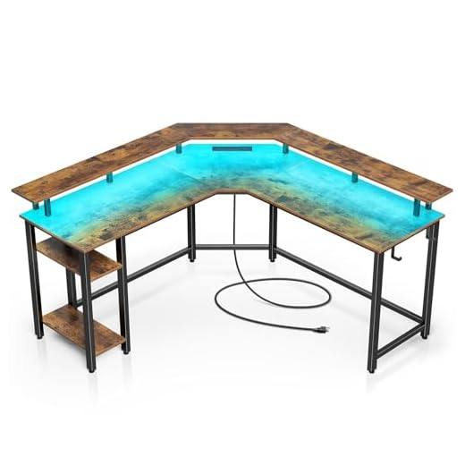 Rolanstar L Shaped Gaming Desk with LED Lights & Power Outlets, 56" Computer Desk with Full Monitor Stand & Storage Shelf, Corner Desk with Hooks, Rustic Brown Desk Reversible