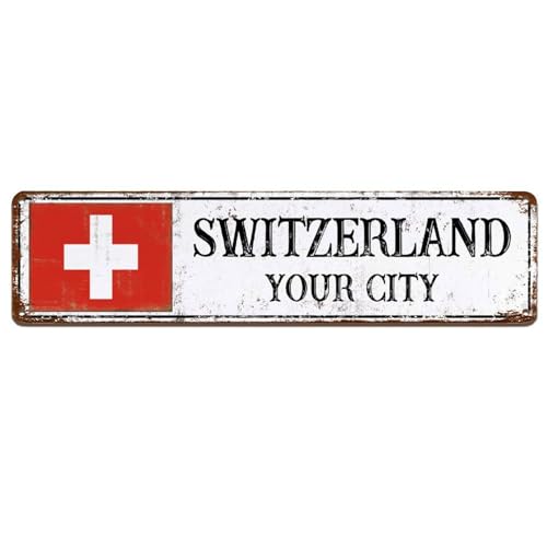 Customize Switzerland Street Sign Switzerland Travel Theme Aluminum Sign with Your City Rust Wall Art Garden Office Decorative 4"x18" Metal Tin Sign Gifts for Family Made in USA