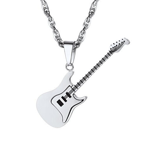 PROSTEEL Pendentif Guitare Collier Homme Acier Inoxydable avec Chaîne Réglable Offerte Bijoux Tendance Musique pour Garçon (Argenté) Cover