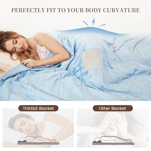 Image of THXSILK All-Season Mulberry Silk Comforter & Blanket, 100% Pure Natural Silk Filling, Lightweight Soft Bed Cover for Bedroom, Sofa, Camping, Cozy Machine Washable Luxury Bedding(King 106 inchx90 inch, Blue)