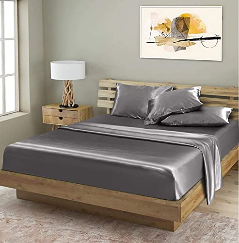 Niagara Sleep Solution Satin Bed Sheet Set King Grey 4 Pieces Silky Smooth Bridal Satin Deep Pocket Fitted, Flat, 2 Pillow Cases Wrinkle Stain, Fade Resistant (Grey Satin, King) #TOP4