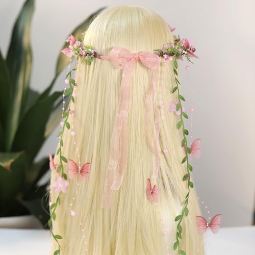 MOSTORY Pink Woodland Fairy Crown, Flower Headpiece with Butterflies by MOSTORY - Used condition - Image 4