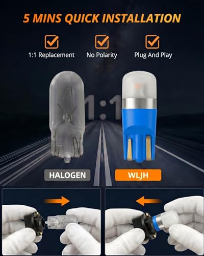 Image of WLJH Ice Blue PC194 T10 194 LED Bulb with Sockets for Instrument Cluster | 3030 SMD, Dimmable, Direct Fit, PC195 PC168, Dash Gauge Light, Dashboard Light, Nighttime Readability, 6-Pack