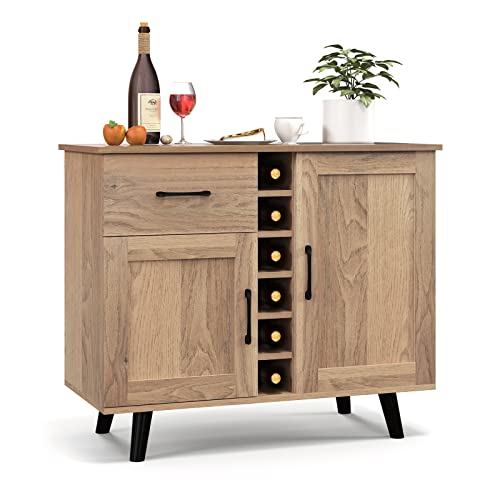 Giantex Buffet Sideboard, Wine Bar Cabinet For 6 Bottles, Wood Pantry Cupboard With Storage Drawer, 2 Door Cabinets, Anti-Toppling Devices, Credenza Organizer For Living Room Kitchen (Oak) #TOP15