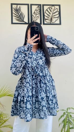 Image of Women's Rayon Floral Printed A-Line Tunic Top | Stylish Casual Wear | V-Neck Long Sleeve Kurti Top