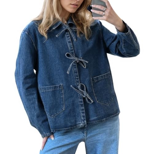 EZAPINE Womens Tie Front Jean Jacket Lightweight Casual Loose Long