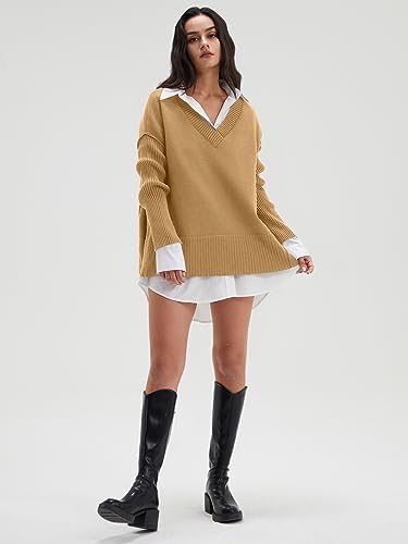 Image of DEEP SELF Women's V Neck Oversized Sweaters Long Batwing Sleeve Split Hem Pullover Asymmetric Loose Casual Knit Tops