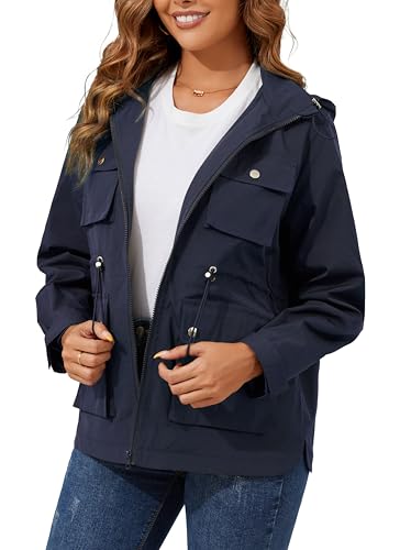 PESION Womens Packable Military Utility Raincoat Outerwear Waterproof Windbreaker Cargo Jacket for Outdoor Travel Hiking