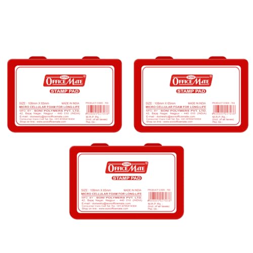 Image of Soni Officemate Medium Stamp Pad - Red | Pack of 3 | Quick-Dry, Smudge-Free Ink | Crisp Impressions | Refillable | for Office, Craft & DIY
