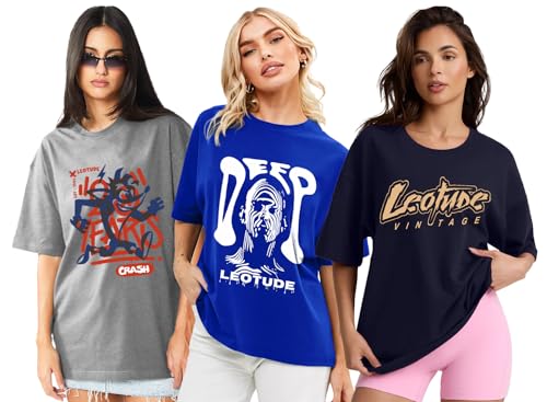 Image of LEOTUDE Women Cottonblend Oversized Baggy Fit Half Sleeve Round Neck Multicolor Combo T-Shirt for Women & Girls (Pack of 3)