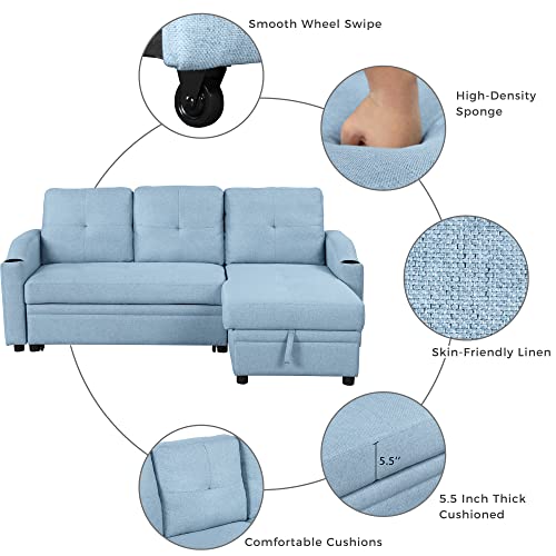 Biadnbz Reversible Sleeper Sectioanl Sofa With Pull Out Bed, Upholstered Linen Fabric L Shaped Couch With Storage Chaise And Cup Holder, For Living Room/Small Spaces, Blue #TOP3