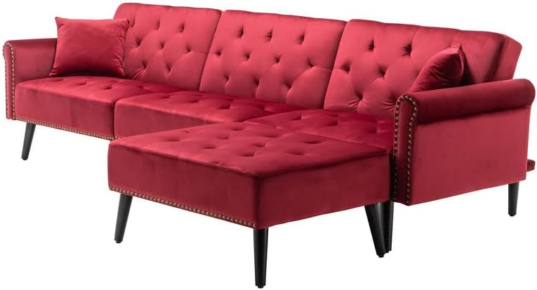 Palma Mid-Century Modern Sofa Bed with Ottoman and 2 Accent Pillows in Red Velvet