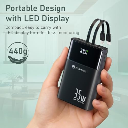 Image of Portronics Titan 35 20000mAh Fast Charging Powerbank with in-Built Type C & 8 Pin Cable, 35W Super Fast Charging, Type C PD Output, Type C Bidirectional Port, LED Display (Black)