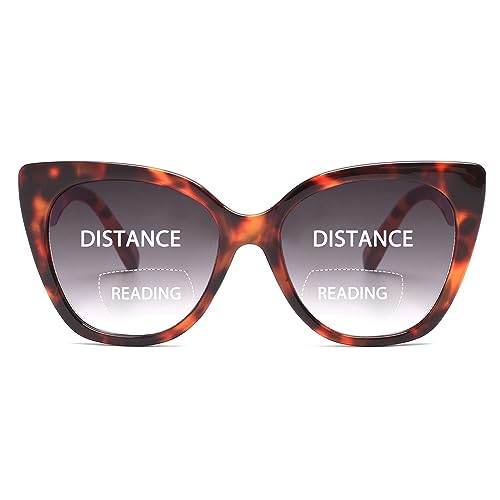 JM Classic Bifocal Reading Glasses Oversized Cateye Stylish Sunglasses Readers for Women Leopard +1.5