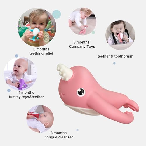 Image of Smily Mia Narwhal Silicone Baby Teething Toys for 3-6 6-12 Months, Teething Relief Toys, Food Grade Silicone Teether Baby Toys, Sensory Toys for Teething Babies, Baby Essential, BPA Free, Pink