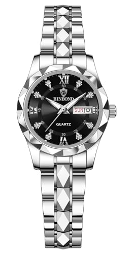 Gosasa Luxury Men's and Women's Business Diamond Stainless Steel Waterproof Roman Numeral Analog Quartz Watch with Day-Date Calendar, Gold and Silver Tone (Silver Black, Women)
