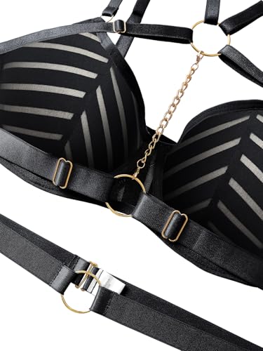 Image of Lilosy Sexy Pu Leather Strappy Underwire Garter Belt Lingerie Set