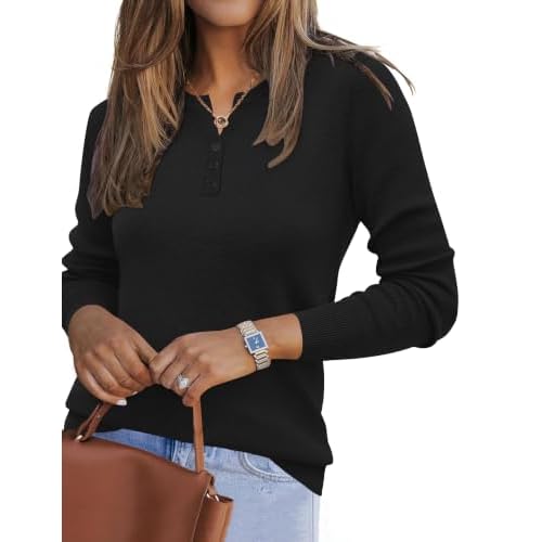 LOMON Sweater for Women Long Sleeve V Neck Wool Bl