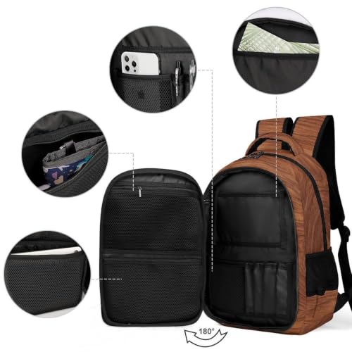 Mochila de viaje con compartimentos y textura de madera oscura 3