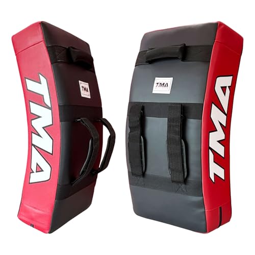 TMA Kick Shield Muay Thai Kickboxing, Heavy Curved Kicking Striking Body Pad, Punching Foot Target MMA Boxing Training, 3 Padded Handles, Martial Arts Karate TKD Taekwondo (ONE PAD ONLY) (Black/Red)