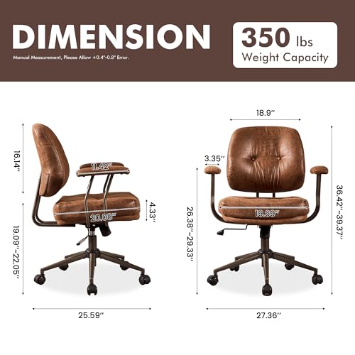 Image of Brown Leather Home Office Chair, Mid Back Ergonomic Desk Chair with Lumbar Support, Mid Century Modern Deep Seat Swivel Rocking Computer Chair, Dark Brown Suede