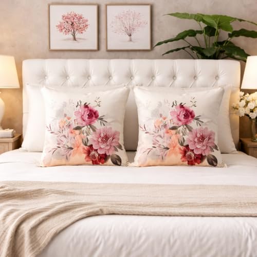 Image of Pack of 5 | Luxury Pink Floral Printed Polycotton Cushion Cover Set of 16x16 inch, Pillow Cover Set for Sofa, Living Room Decor, Cushion Cover Set for Bedroom, Throw Pillow Cases