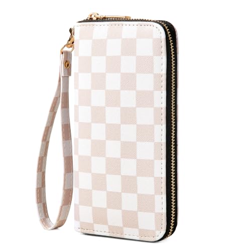 Image of Beige Checkered Wallet for Women, Zip Around Wristlet Wallet