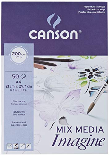 Canson Imagine, Papel Mixed Media, Grando ligero, 200g, Encolados por el lado corto, A4-21x29,7cm, Blanco natural, 50 Hojas