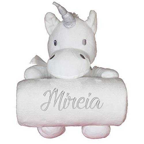 Manta bebé personalizada + Unicornio de peluche, color Blanco