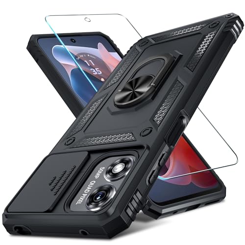 Janmitta Compatible with Moto G Play 2024 Case Built in Slide Camera Lens Cover+Screen Protector+Ring Holder,Heavy Duty Shockproof Full Body Protective Phone Cover,Black