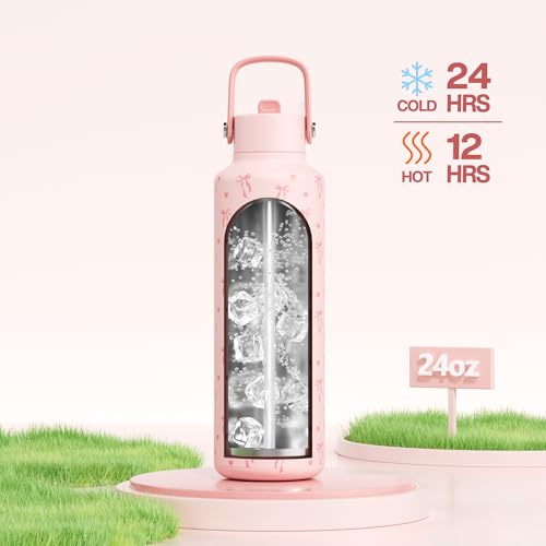POWCAN 24 oz Insulated Water Bottle: Leakproof, Cup Holder Friendly, Cold for 24H, BPA-free, Top Handle, Double Walled Metal Water Bottle for Student, Girl, School, Camping, Daily (Sweetheart Bow) — view 2