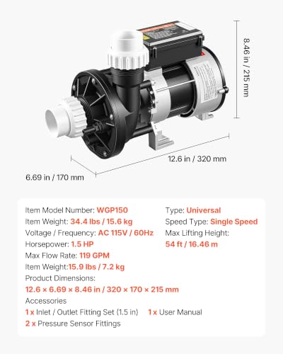 Image of VEVOR SPA Pump 1.5HP Hot Tub Bath Pump 115V 119GPM Flow Rate with 1.5 inch Port, 90 Rotational Interface, 54 ft Max Lifting Height, Copper Motor, SPA Bath Water Circulation, Compatible with OEM Models