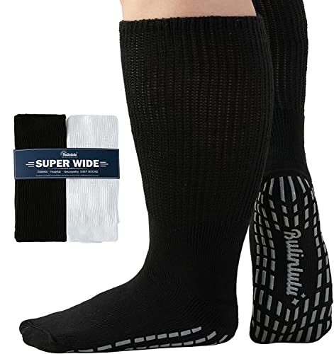 Bulinlulu Extra Wide Socks for Swollen Feet-2 Pairs Diabetic Socks for Men,Hospital Bariatric Socks Non Slip Edema Socks Women,Cast Socks Lymphedema Socksï¼White and Blackï¼