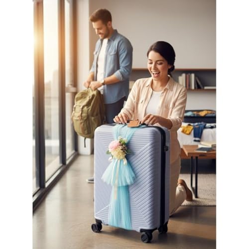 Image of SATYAM KRAFT 4 Pcs Adjustable Suitcase Net Band Reusable Ready-to-Use with Artificial Flower Bunch Trolley Bag Decoration, Suitcase & Wedding Decor, Gifting, Crafting, Wrapping, DIY Craft (Pack of 4) (Blue)