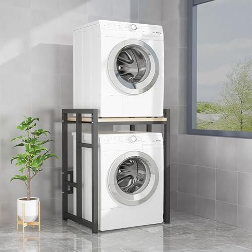 Adjustable Washer Dryer Stacking Rack - Space-Saving Over Washer Storage Shelf with Feet, Laundry Room nizer for Apartments & Bedrooms (Beige & Black)