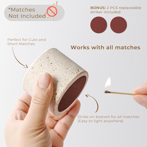 WORHE トラバーチンストーンマッチホルダー ストライカー&予備ストライカーパッド付き - 6.5x5CM 装飾マッチスティックオーガナイザー 暖炉、キャンドル、パーラー用 かわいいマッチ瓶 ホームデコレーションギフト マッチは付属しませんWH072 [4]