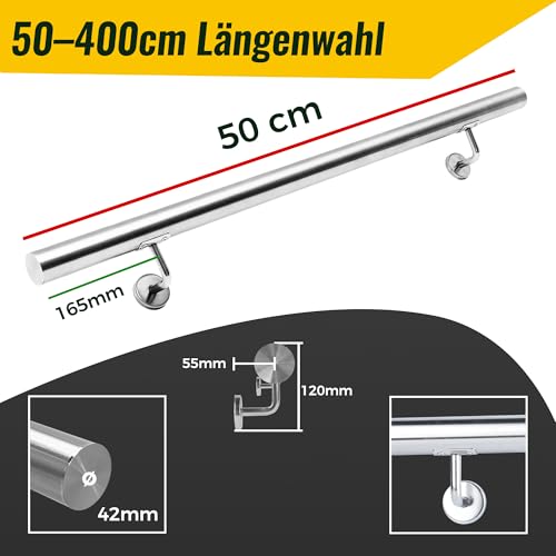 BelovedYard Edelstahl Treppengeländer Handlauf 50cm | Ø 42mm, Rostfrei & Wetterfest | Inkl. V2A Wandhalter & Montage-Set | 50–400cm Längenwahl Treppe Innen & Außen | Sicherheit & Komfort