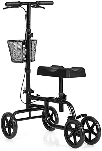 Maxmass Knee Walker, Height Adjustable Steerable Scooter with Detachable Basket and Dual Braking System, Folding Crutch Alternative for Foot Injuries (Black)