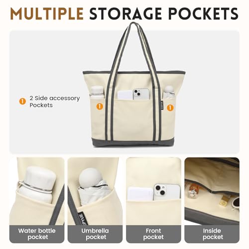 Image of Large Canvas Tote Bag for Women, Beach Bag with Zipper, Utility Tote Bag with 3 Front Pockets, Weekender Pool Bag